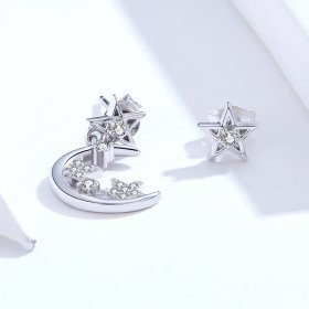 Pandora Style Silver Dangle Earrings, Asymmetrical Bright Star Moon - SCE813