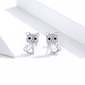 Pandora Style Silver Stud Earrings, Cute Cat - SCE797