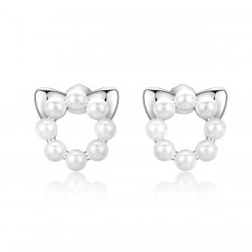 Silver Pearl Cat Stud Earrings - PANDORA Style - SCE688