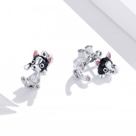 Pandora Style Silver Hoop Earrings, Dog, Multicolor Enamel - SCE978