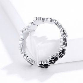 Pandora Style Silver Open Ring, Budding Paw Print, Black Enamel - SCR603
