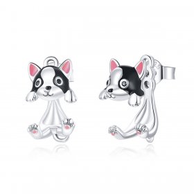 Pandora Style Silver Hoop Earrings, Dog, Multicolor Enamel - SCE978