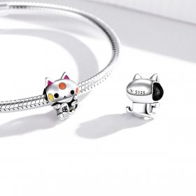 Pandora Style Silver Charm, Auspicious Money-Grabbing Cat, Multicolor Enamel - SCC1855