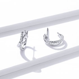 Pandora Style Silver Hoop Earrings, Leather Texture - BSE440