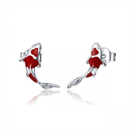Pandora Style Silver Hoop Earrings, Lucky Koi, Red Enamel - SCE812