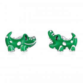 Pandora Style Silver Hoop Earrings, Little Crocodile, Green Enamel - SCE1113