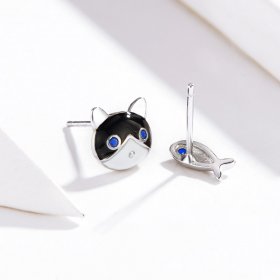 Silver Cat and Fish Stud Earrings - PANDORA Style - SCE623