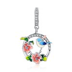 Pandora Style Silver Dangle Charm, Birds & Flowers, Multicolor Enamel - SCC1726