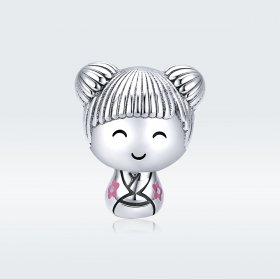 Pandora Style Silver Charm, Japanese Doll, Pink Enamel - SCC1455