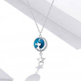 Pandora Style Silver Necklace, Moon & Cat, Blue Enamel - SCN422