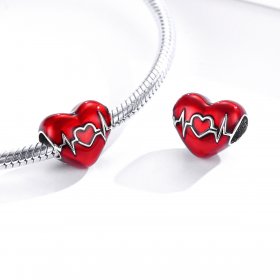 Pandora Style Silver Charm, Red Heartbeat of Love, Red Enamel - SCC1569