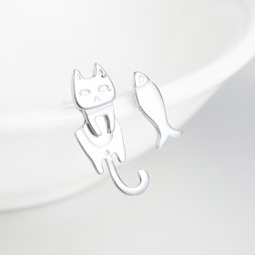 Silver Cat and Fish Stud Earrings - PANDORA Style - SCE488