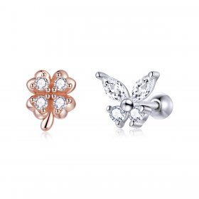Pandora Style Silver Stud Earrings, Bicolor Lucky Grass and Butterflies - SCE1008