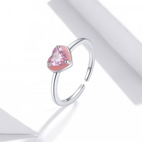 Pandora Style Silver Open Ring, Open Heart Clear Love, Pink Enamel - SCR717