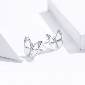 Pandora Style Silver Hoop Earrings, White Butterfly, Enamel - SCE876