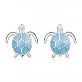 Pandora Style Silver Hoop Earrings, Sea Turtle, Cyan Enamel - SCE1035