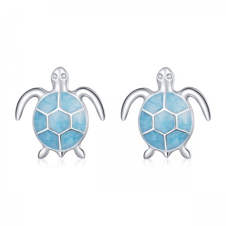 Pandora Style Silver Hoop Earrings, Sea Turtle, Cyan Enamel - SCE1035
