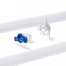 Pandora Style Silver Hoop Earrings, Clouds and Lightning, Blue Enamel - BSE429