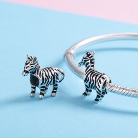 Pandora Style Silver Charm, Lovely Animal Zebra, Black Enamel - SCC550