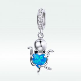 Pandora Style Silver Dangle Charm, Lovely Octopus, Cyan Blue Enamel - SCC1831