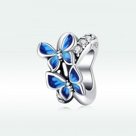 Pandora Style Silver Charm, Flying Butterflies, Aquamarine Enamel - SCC1731