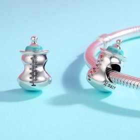 Pandora Style Silver Charm, Baby Bottle, Cyan Enamel - SCC361