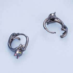 Pandora Style Black Cat Hoop Earrings - BSE798
