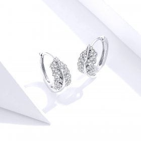 Pandora Style Silver Hoop Earrings, White Feathers - SCE772