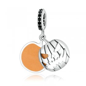 Pandora Style Silver Dangle Charm, Halloween Evil Pumpkin Smiley Face, Orange Enamel - SCC1620