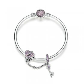 Silver Pink Key and Pave Heart Lock Bangle - PANDORA Style - SCB820