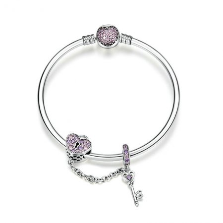 Silver Pink Key and Pave Heart Lock Bangle - PANDORA Style - SCB820