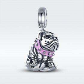 Pandora Style Silver Dangle Charm, English Bulldogs, Pink Enamel - SCC552