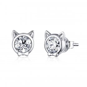 Pandora Style Silver Stud Earrings, Cute Cat - SCE899