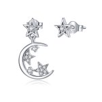 Pandora Style Silver Dangle Earrings, Asymmetrical Bright Star Moon - SCE813