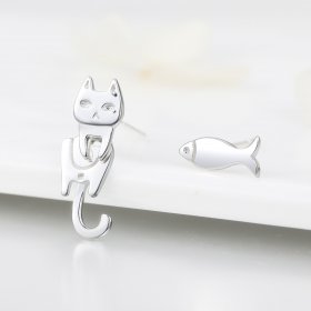 Silver Cat and Fish Stud Earrings - PANDORA Style - SCE488