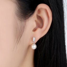 Silver Pearl Hanging Earrings - PANDORA Style - SCE006