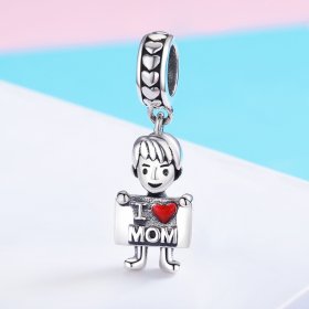 Pandora Style Silver Dangle Charm, I Love Mom, Red Enamel - SCC691