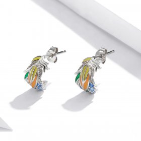 Pandora Style Silver Hoop Earrings, Style Feathers, Multicolor Enamel - SCE1128