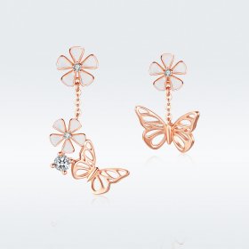 Pandora Style Rose Gold Dangle Earrings, Dancing Butterfly - BSE100