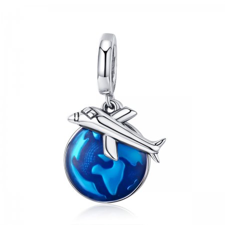 Pandora Style Silver Dangle Charm, Travel Around The World, Aquamarine Enamel - SCC664