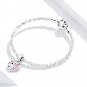 Pandora Style Silver Dangle Charm, Puppy With Love, Pink Enamel - BSC360
