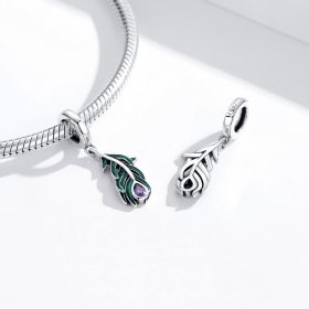Pandora Style Silver Dangle Charm, Peacok Feather, Multicolor Enamel - SCC1704
