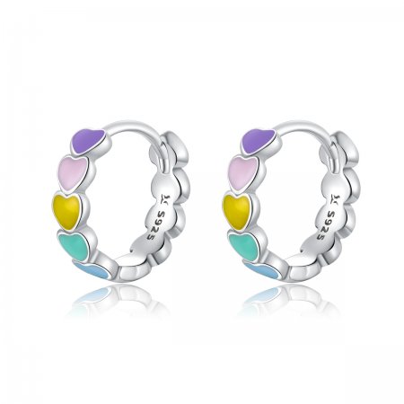 Pandora Style Silver Hoop Earrings, Rainbow Hearts, Multicolor Enamel - SCE909