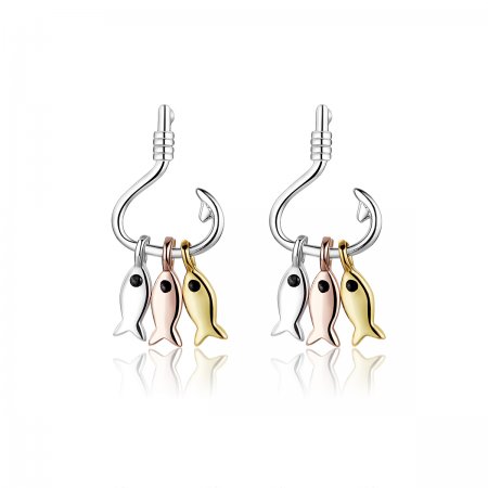 Pandora Style Tri-tone Dangle Earrings, Three Fishes - SCE789