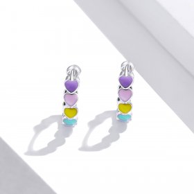 Pandora Style Silver Hoop Earrings, Rainbow Hearts, Multicolor Enamel - SCE909