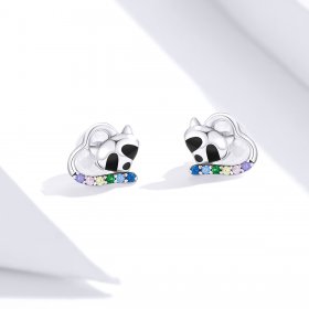 Pandora Style Silver Hoop Earrings, Little Raccoon, Multicolor Enamel - SCE883