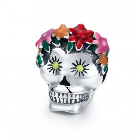 Pandora Style Silver Charm, Sugar Skull, Multicolor Enamel - SCC888