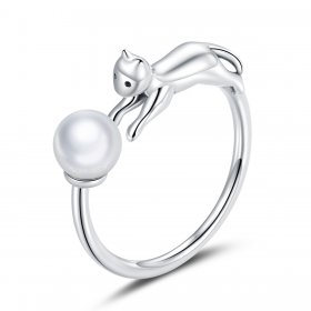 Pandora Style Silver Open Ring, Cat Plays Ball - SCR683