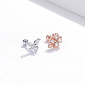 Pandora Style Silver Stud Earrings, Bicolor Lucky Grass and Butterflies - SCE1008
