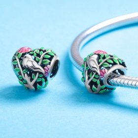 Pandora Style Silver Charm, Birds In The Forest, Multicolor Enamel - SCC647